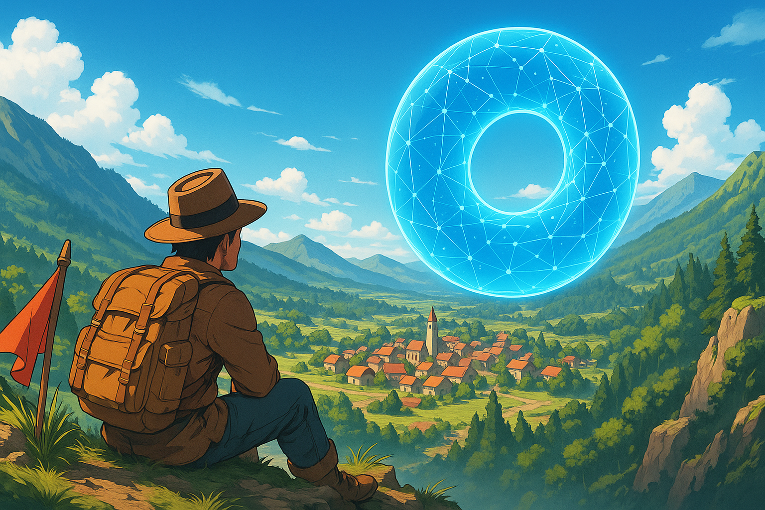 An explorer looking at a village
