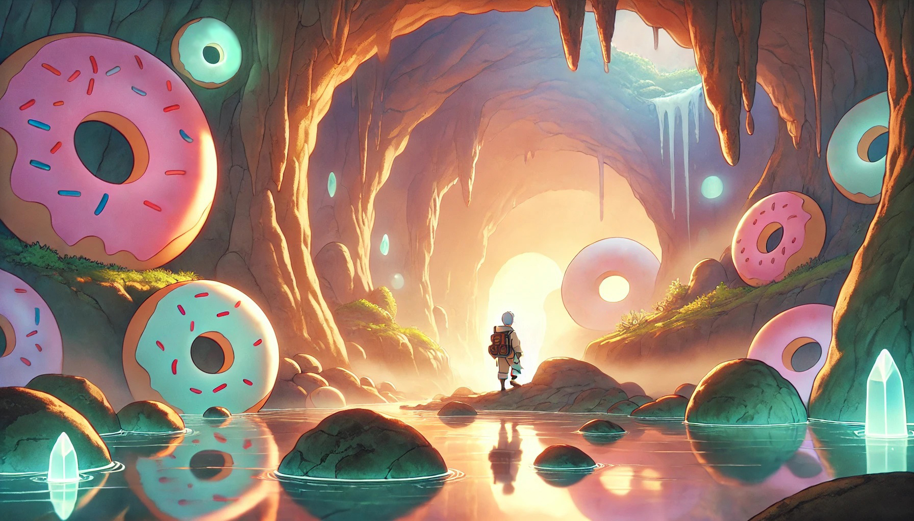 landscape of a river and mountains with a donut-shaped stone in the river