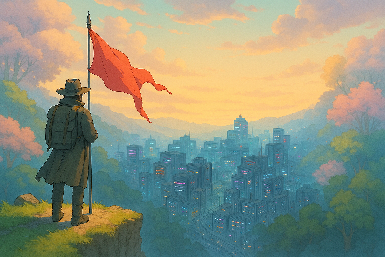 an explorer looking at a cypherpunk city